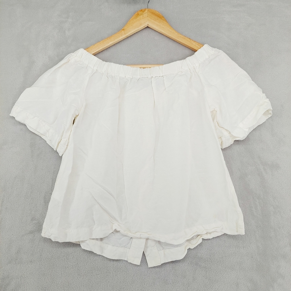 H&M White Linen-Blend Off-Shoulder Blouse Front Buttons Short Puff Sleeves P5763 - Picture 4 of 7